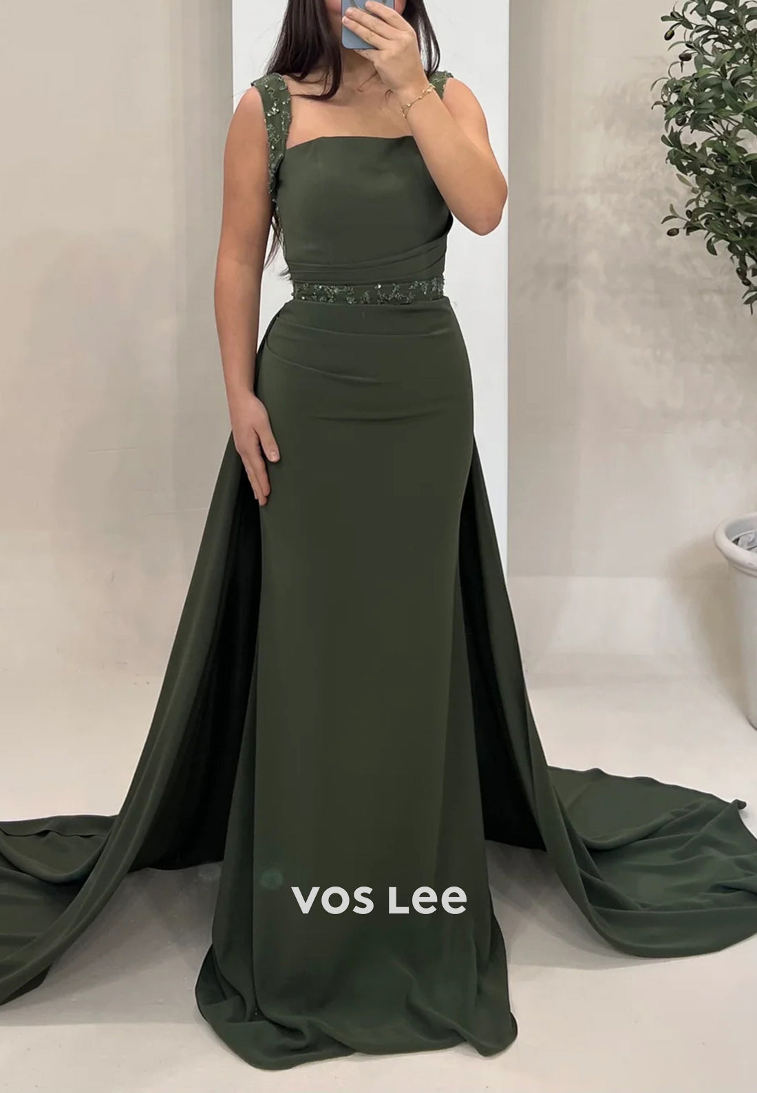 Spaghetti Straps Square Sequins Beaded Pleated Mermaid Evening Dresses with Court Train