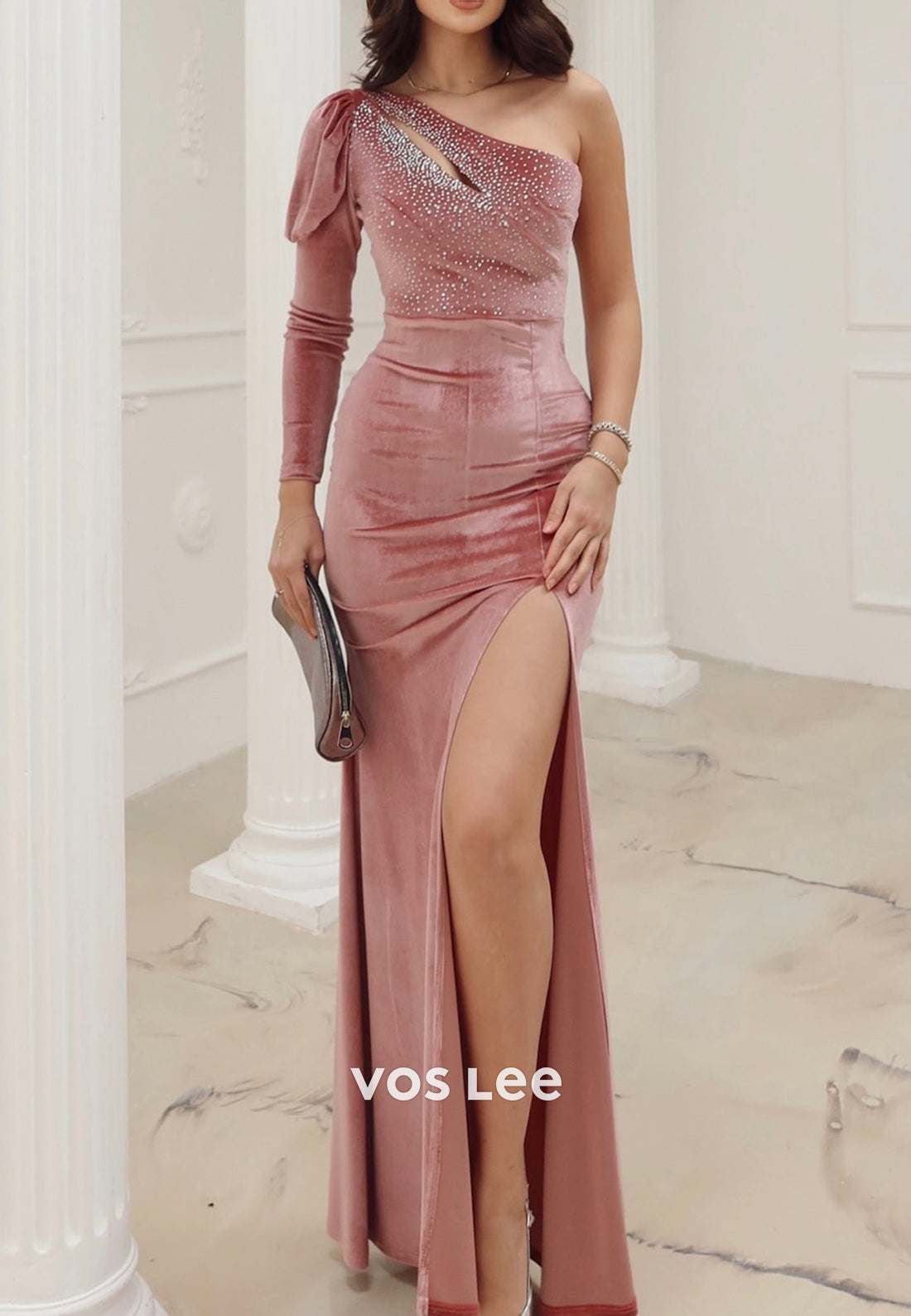Long Sleeve One Shoulder Pleated Rhinestone Mermaid Evening Dresses with High Split