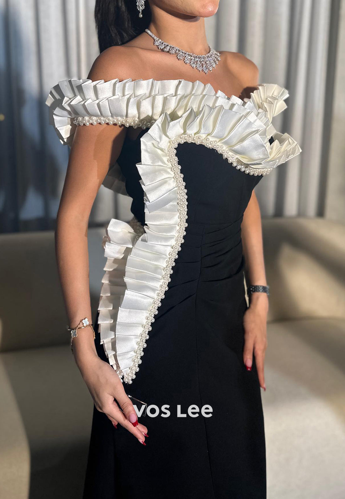 Couture Off the Shoulder Pearls Pleated Satin Sheath Evening Dresses