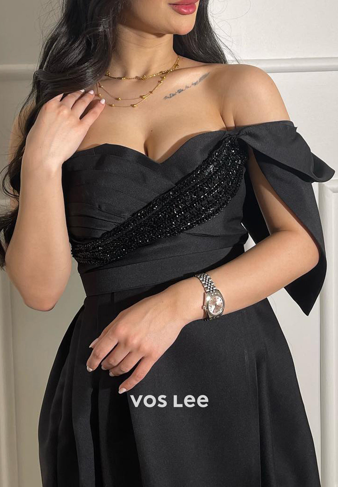 Black A-Line Off the Shoulder Sleeveless Beaded Pleated Evening Dresses