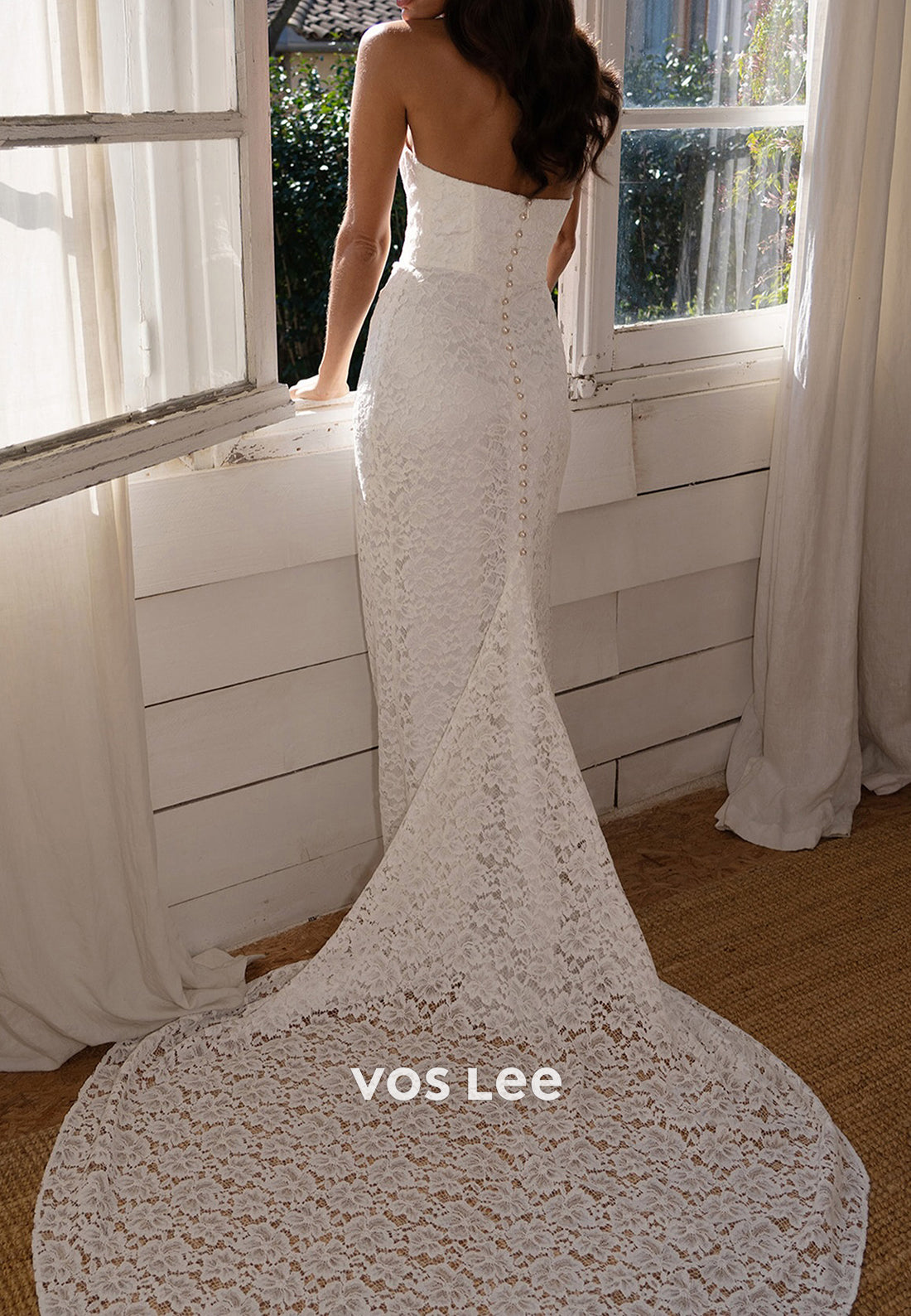 Long Sleeve High Neck Pleated Lace Mermaid Wedding Dresses with Sweep Train