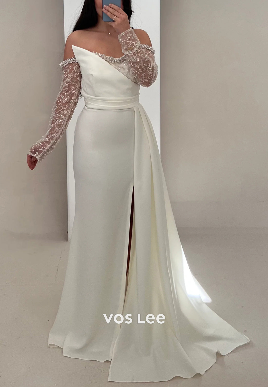 Long Sleeve Off the Shoulder Beading Pleated Mermaid Evening Dresses with Sweep Train
