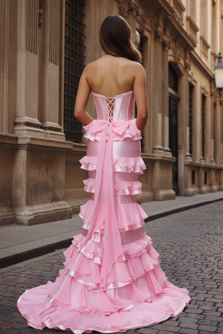 Pink Bow Sweetheart Tiered Ruffle Mermaid Dress