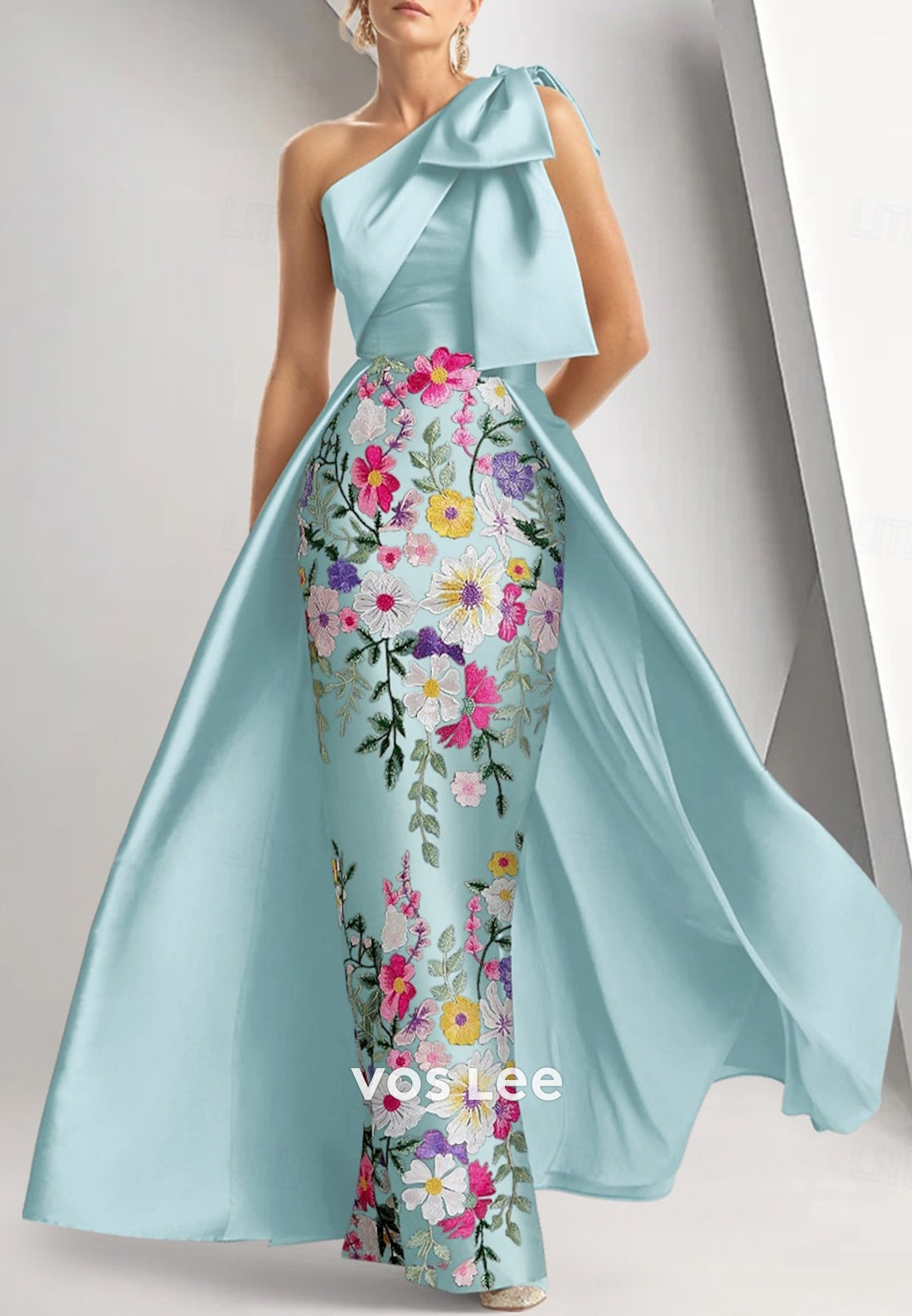 One Shoulder Bowknot Appliqued Embellished Floor-Length Mother of Bride Dresses