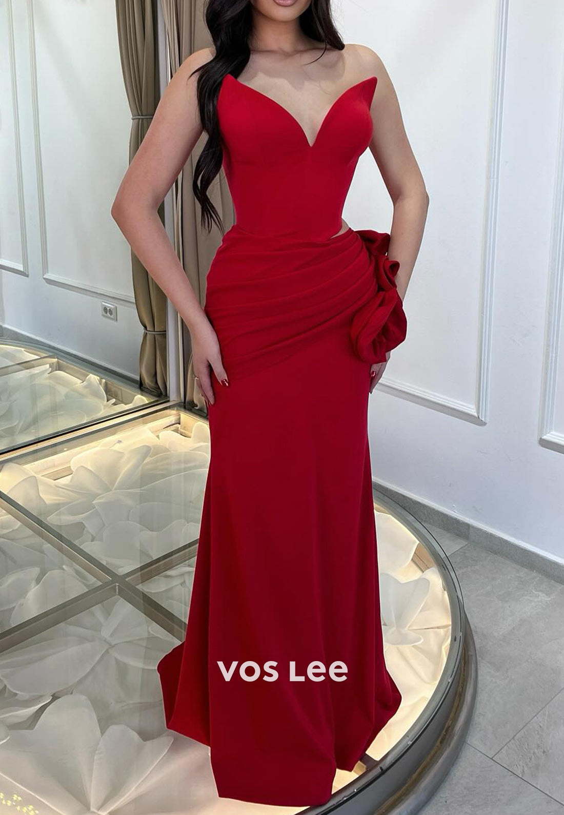 Sexy & Hot V Neck Strapless Flowers Pleated Mermaid Floor-Length Evening Dresses