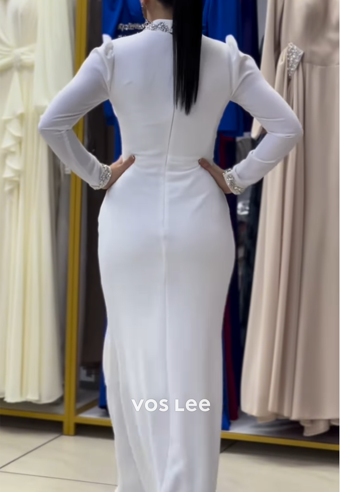 Long Sleeves High Neck Rhinestone Embellished Floor-Length Sheath Evening Dresses