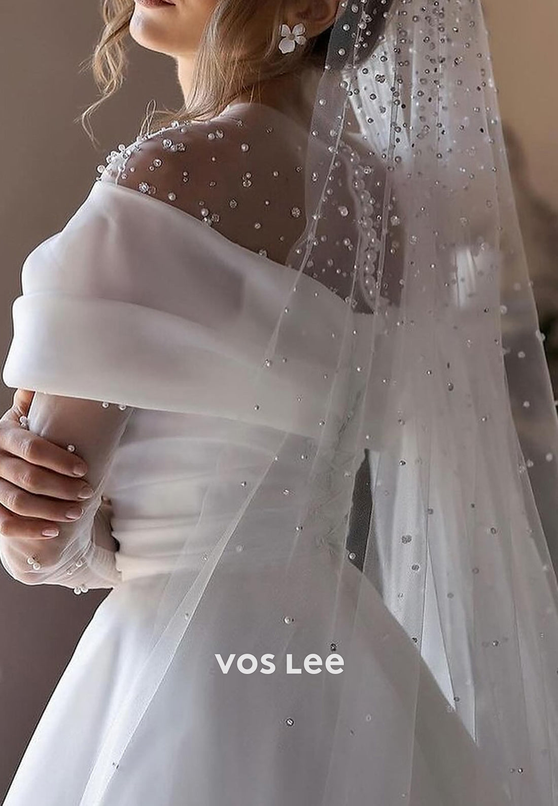 A-Line Long Sleeve Off the Shoulder Rhinestone Wedding Dresses with Court Train