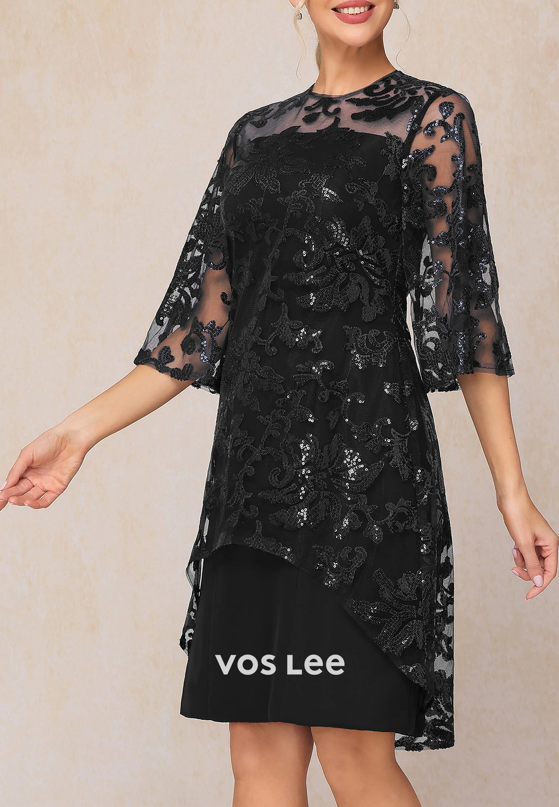 Elegant Half Sleeve Illusion Neck Appliqued Sequins Knee-Length Mother of Bride Dresses