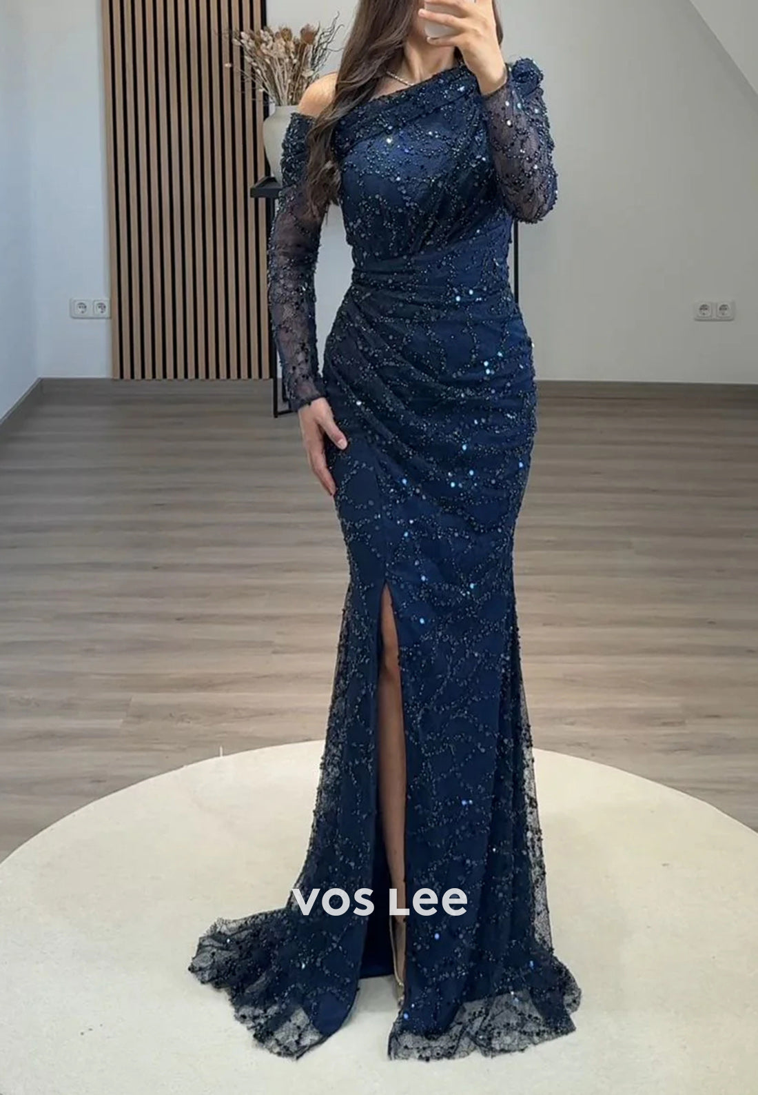 Long Sleeve Fully Beading Sequins Pleated Mermaid Evening Dresses with Side Split