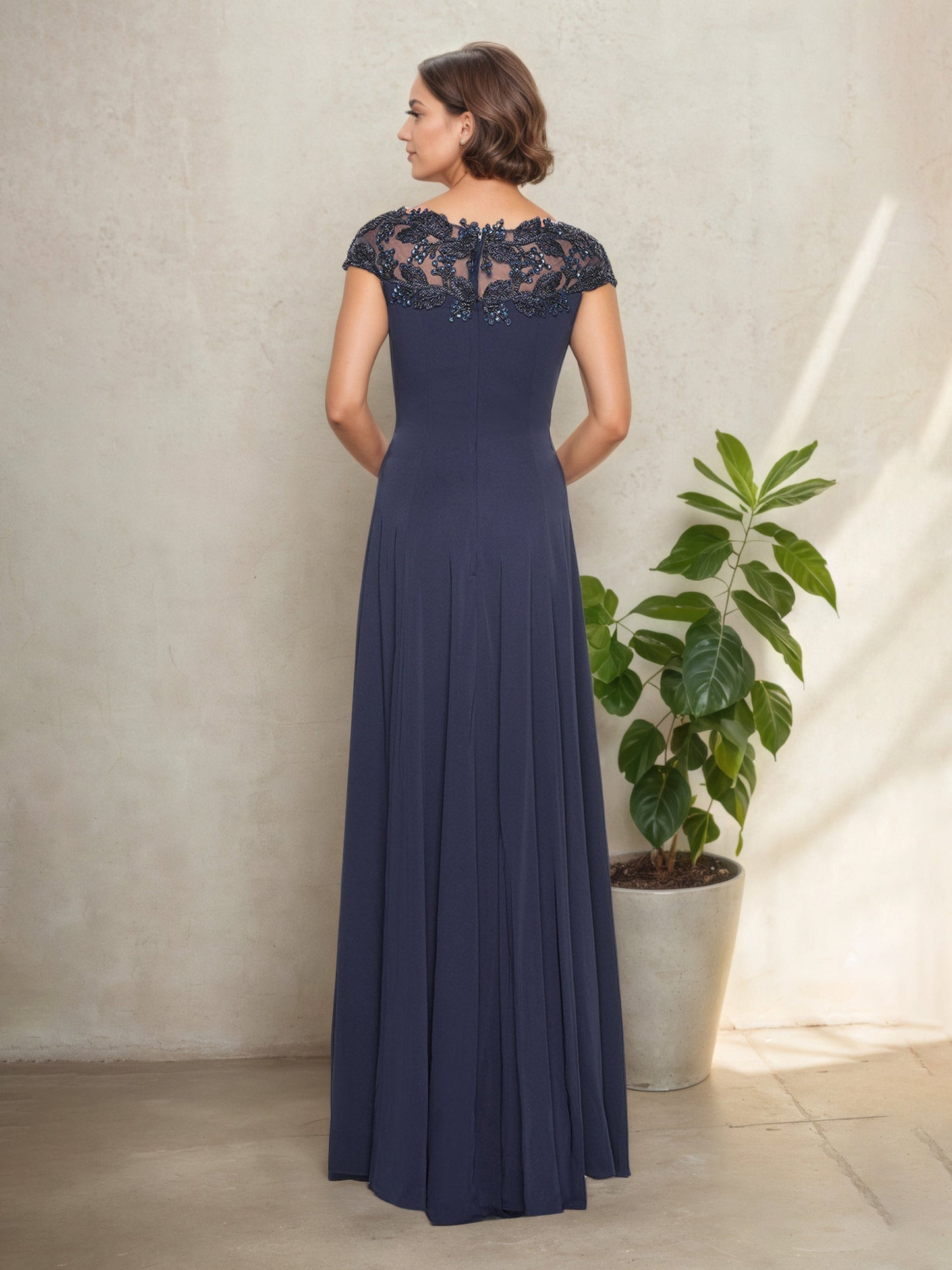 A-Line Round Neck Dark Navy Cap Sleeves Mother Of The Bride Dress