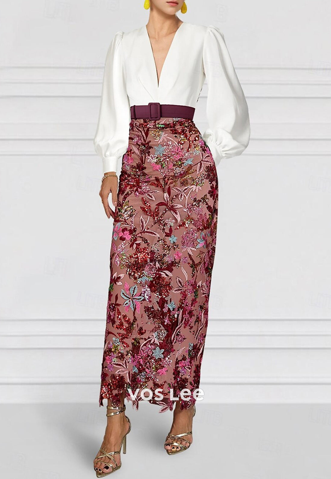 Empire Waist Long Sleeve V Neck Appliqued Tea-Length Mermaid Mother of Bride Dresses