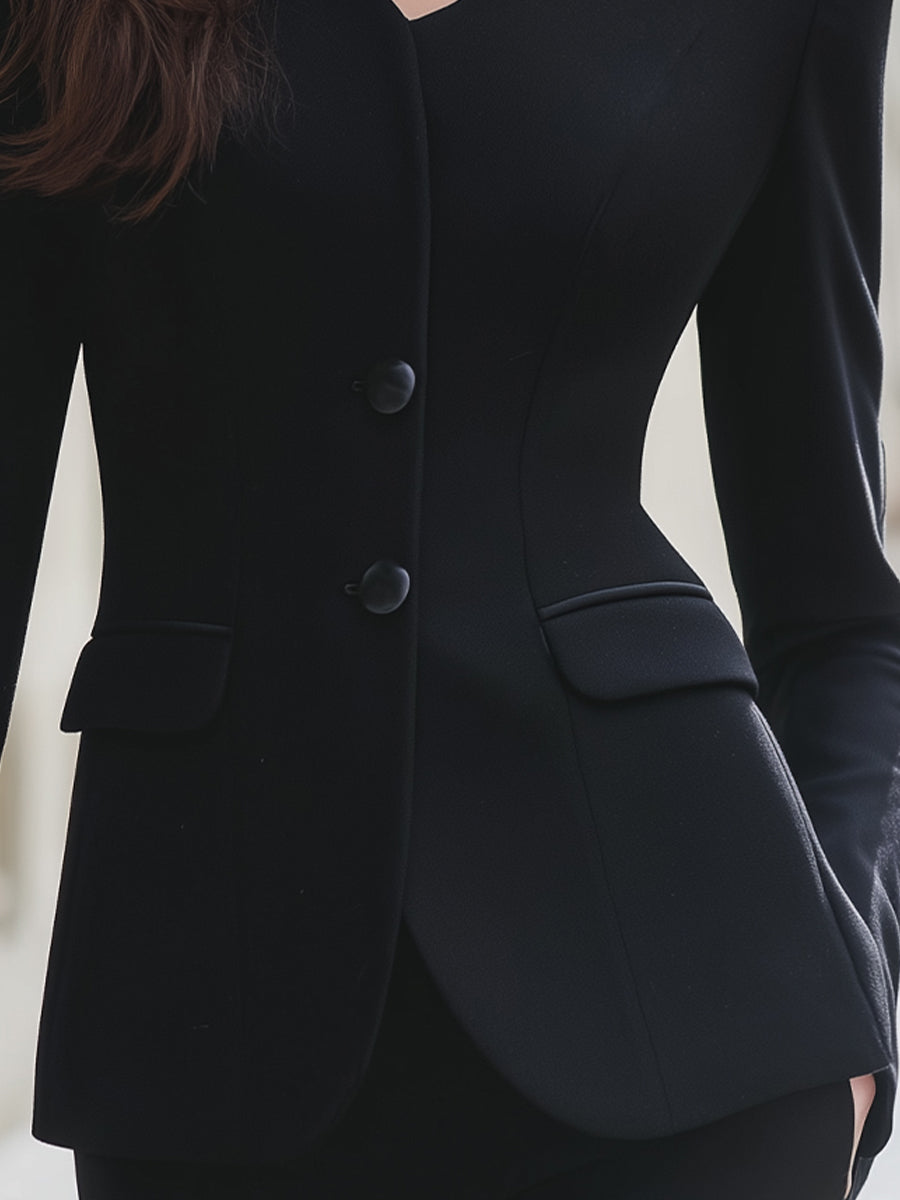 Chic Black Tailored Blazer With Unique Neckline