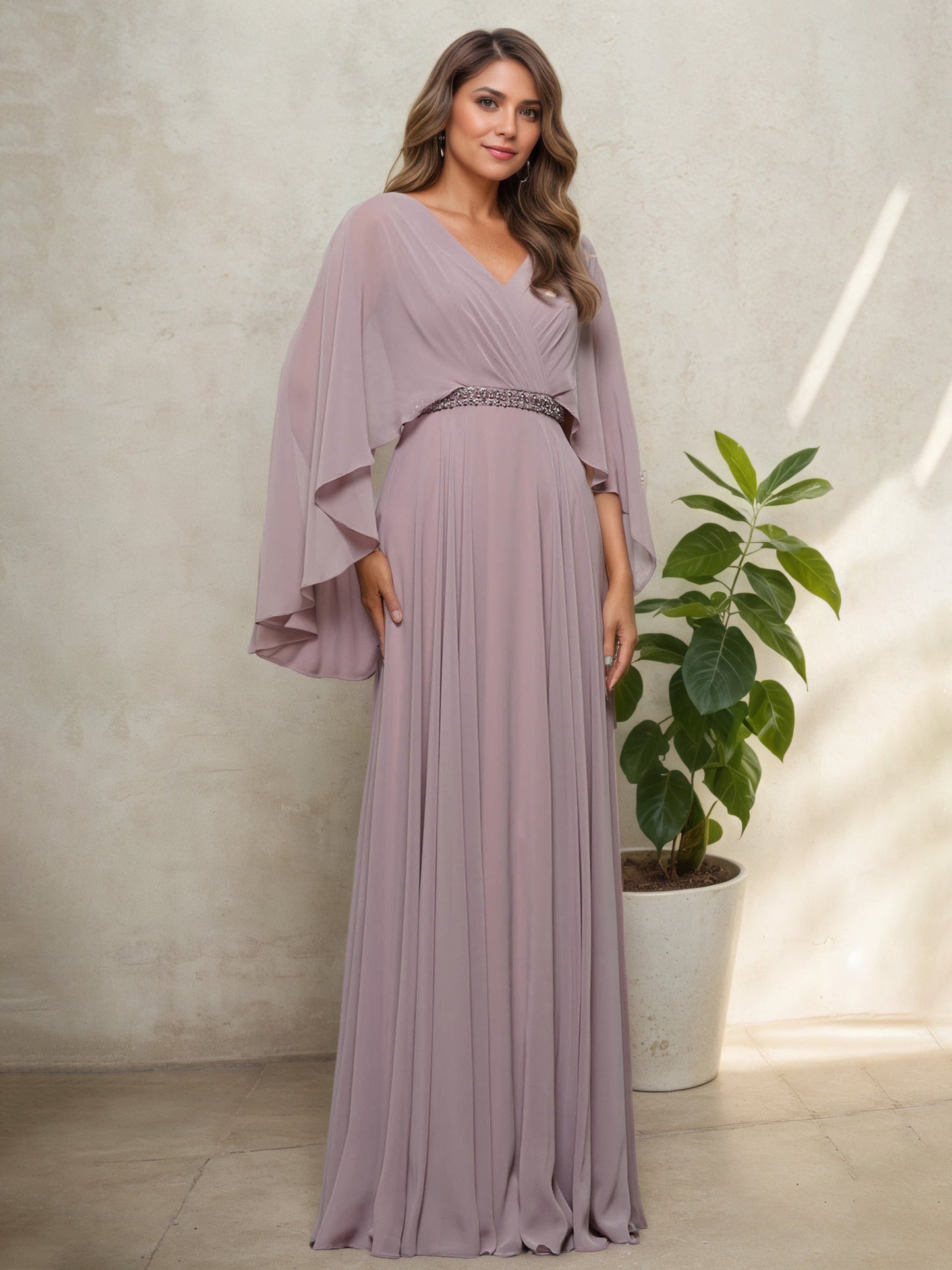 Floor Length V-Neck Aubergine A-Line Mother Of The Bride Dress with Shawl