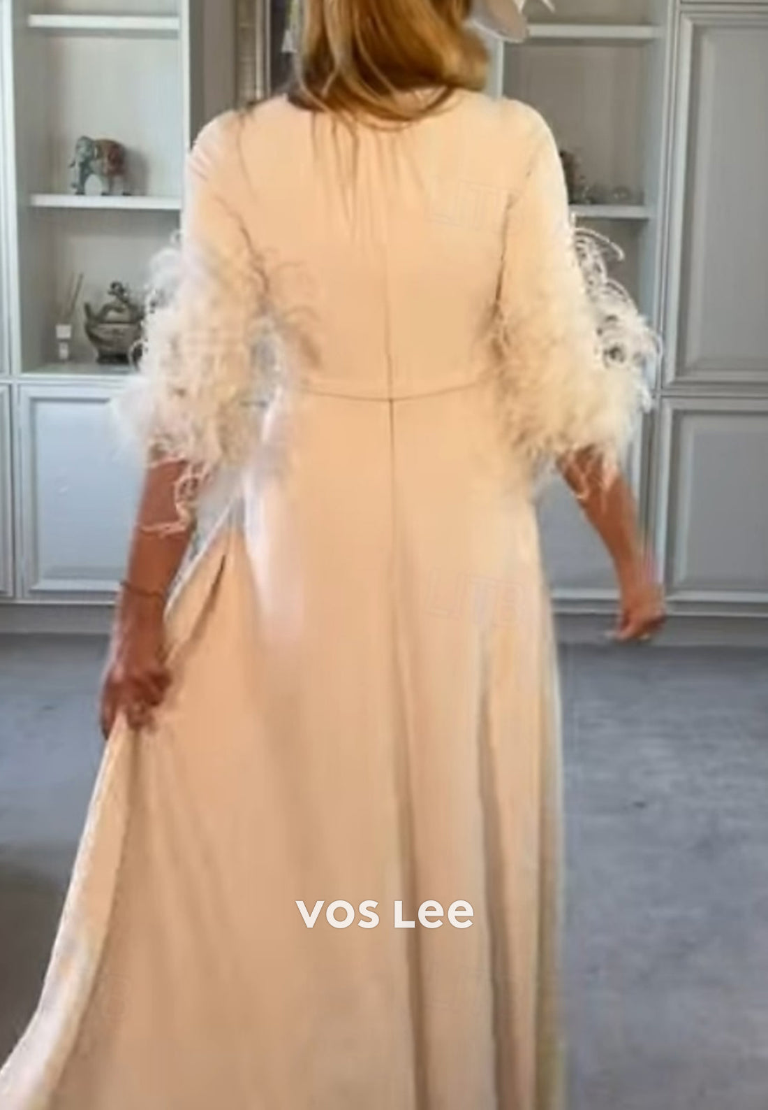 Half Sleeve Feather Scoop Pleated Mother of Bride Jumpsuit Dresses
