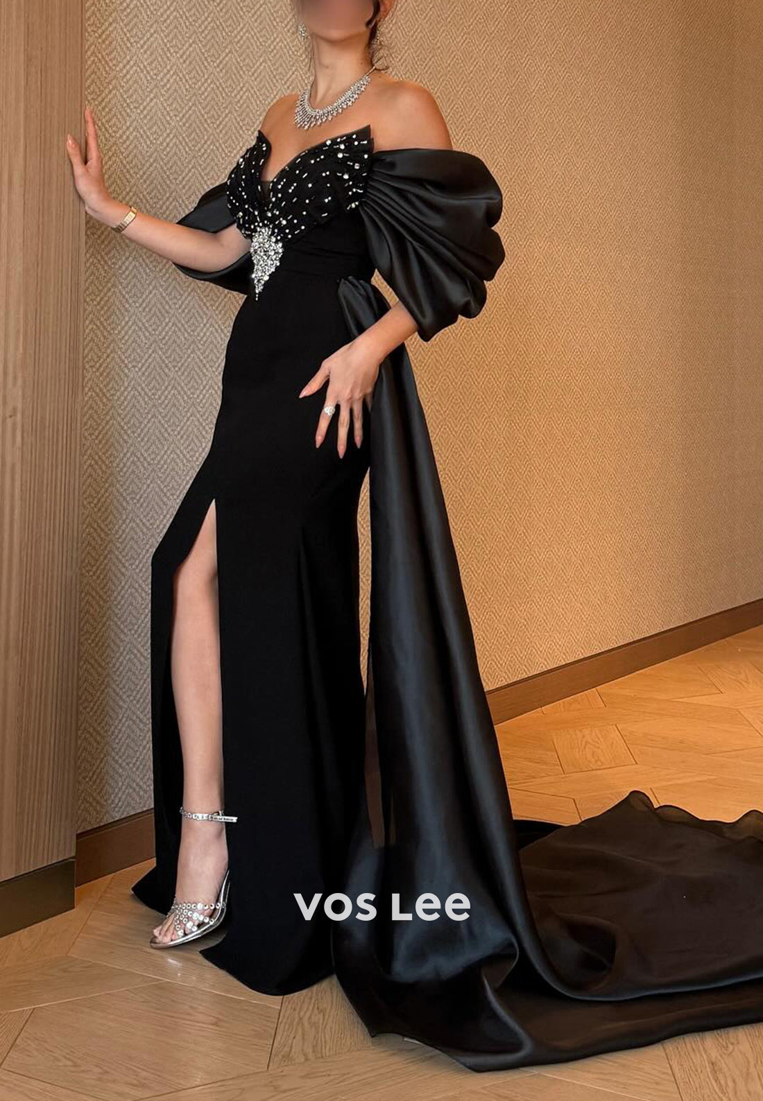 Short Sleeve V Neck Rhinestone Split Pleated Evening Dresses with Court Train
