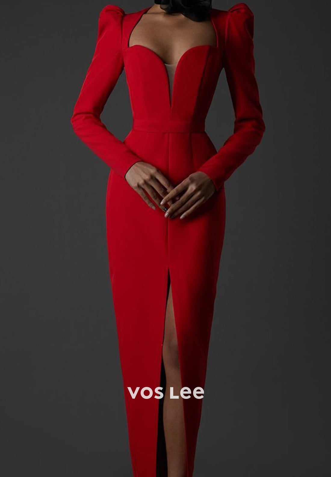 Long Sleeve Queen Anne Ankle-Length Mermaid Evening Dresses with High Split