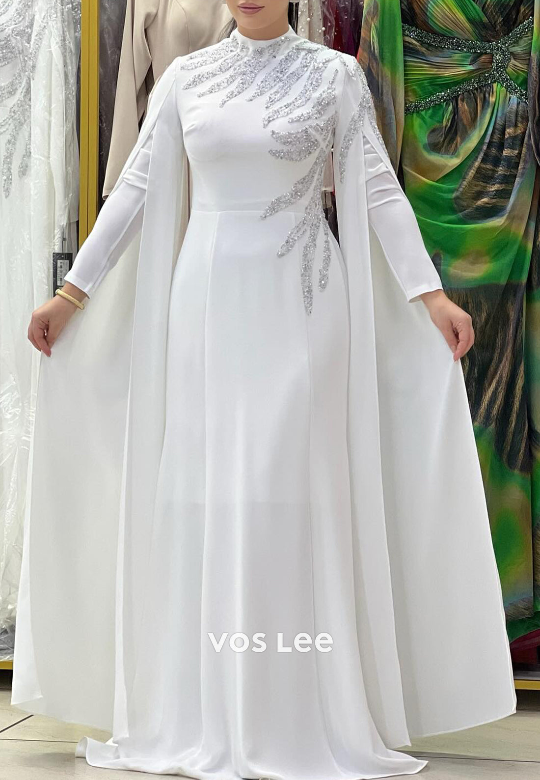 Long Sleeve Scoop Beaded Embellished Floor-Length Sheath Evening Dresses