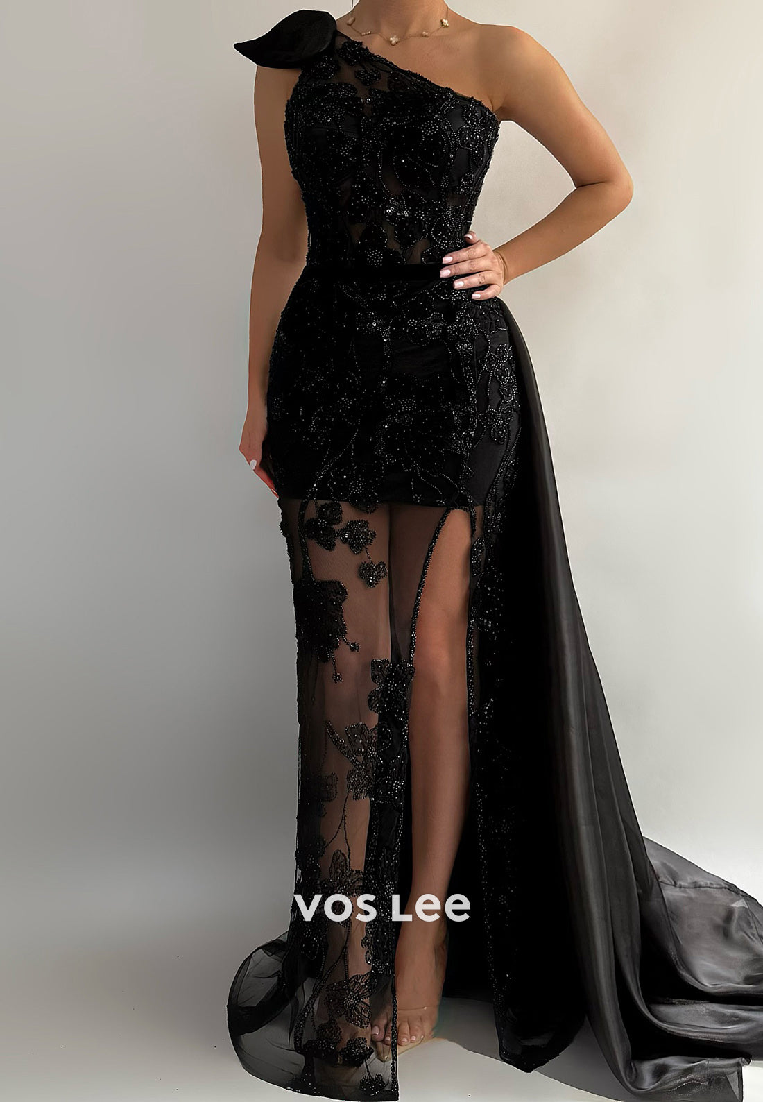 One Shoulder Beaded Embellished Sheath High Split Evening Dresses with Sweep Train