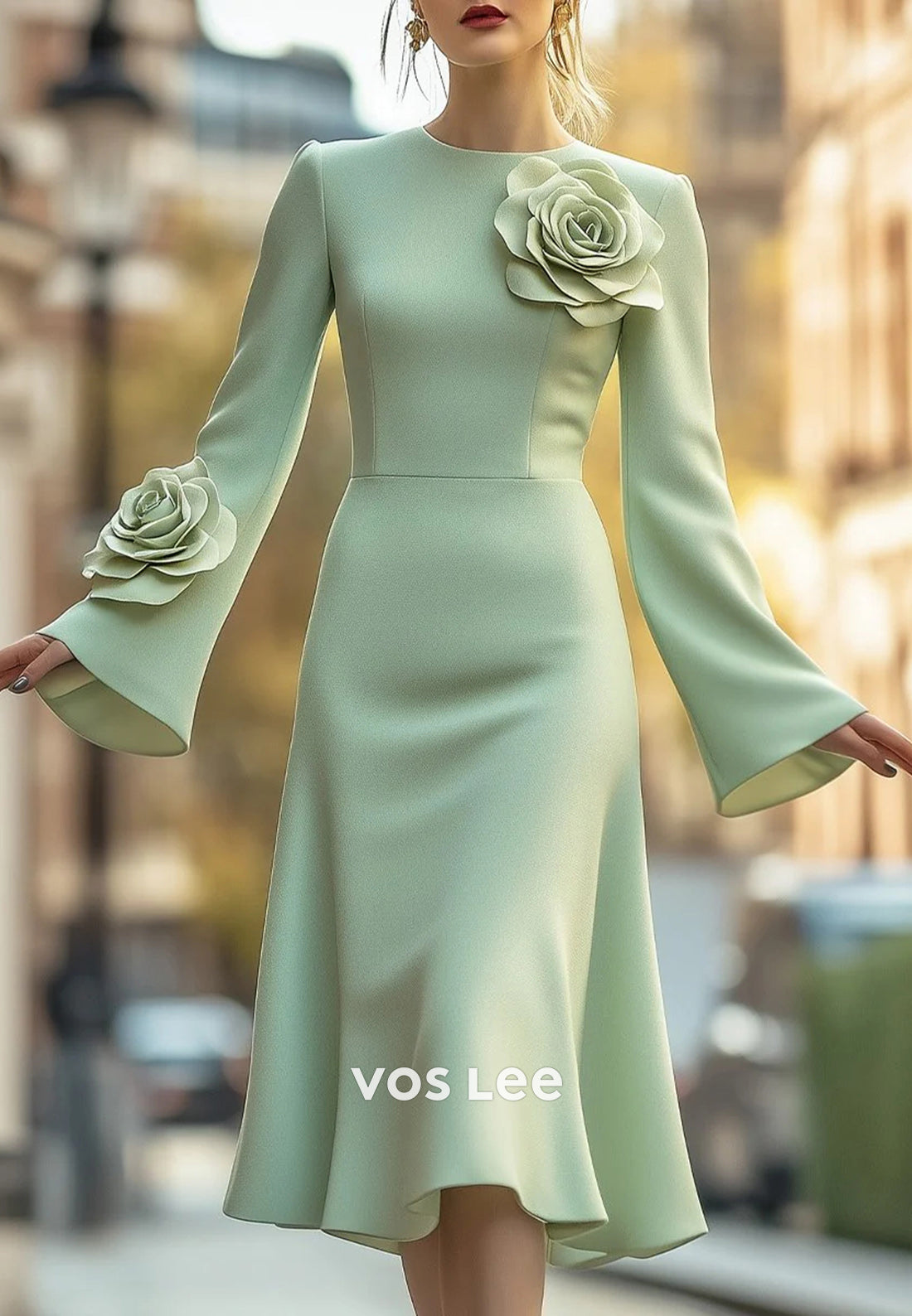 Bell Sleeves Scoop Flowers Embellished Tea-Length Mermaid Wedding Guest Dresses