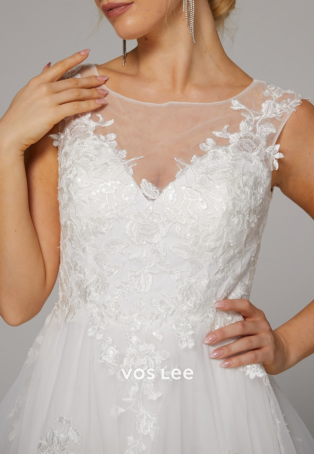 A-Line Illusion Neck Appliques Lace Beach Pleated Wedding Dresses with Sweep Train