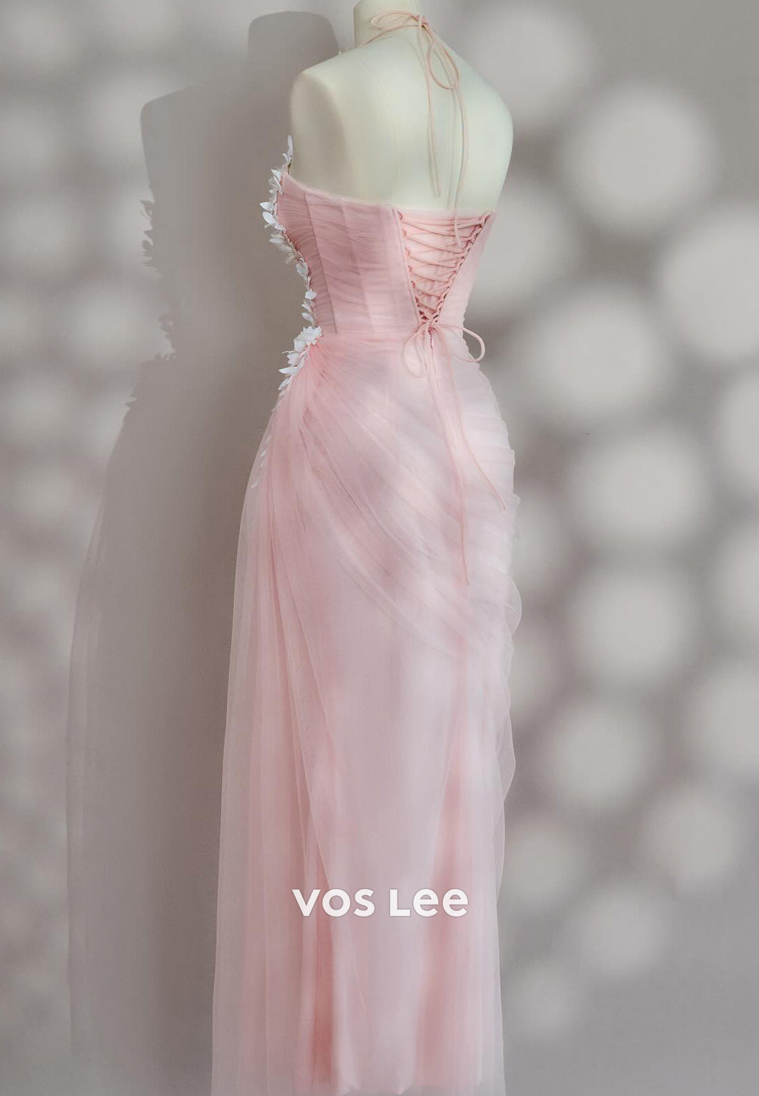 Glamorous & Dramatic Halter Pleated Floral Embossed Mermaid Tulle Party Dresses