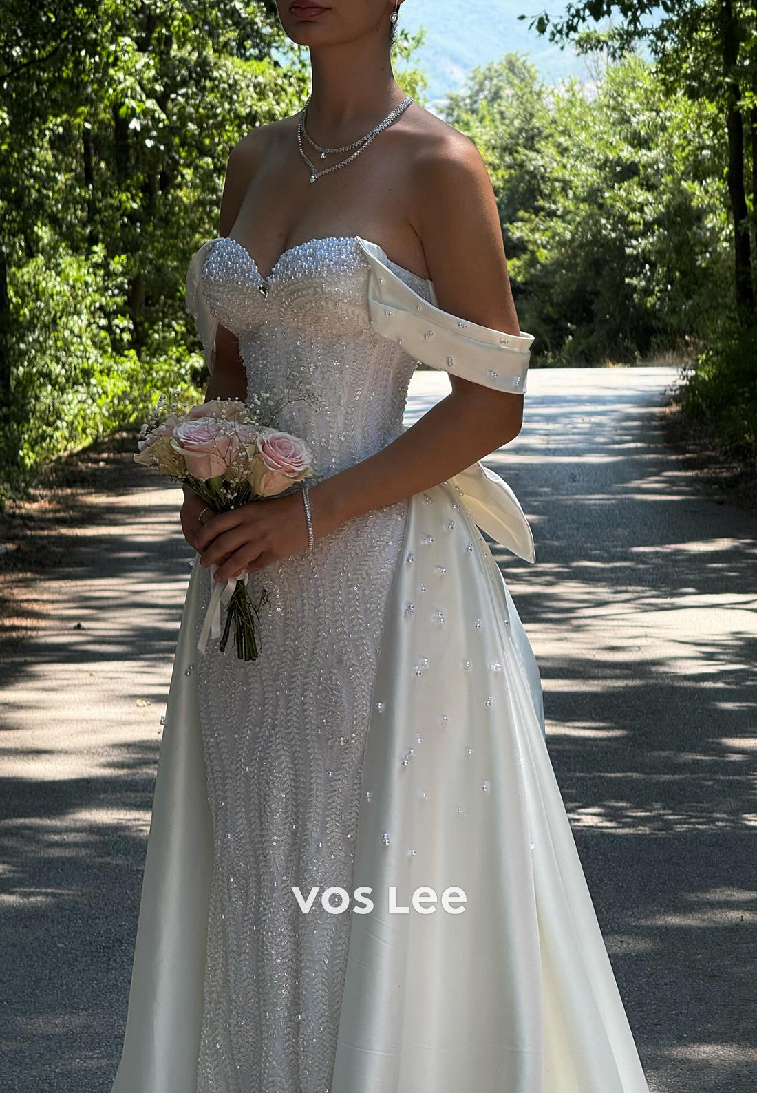 Off the Shoulder Beaded Mermaid Wedding Dresses with Bowknot