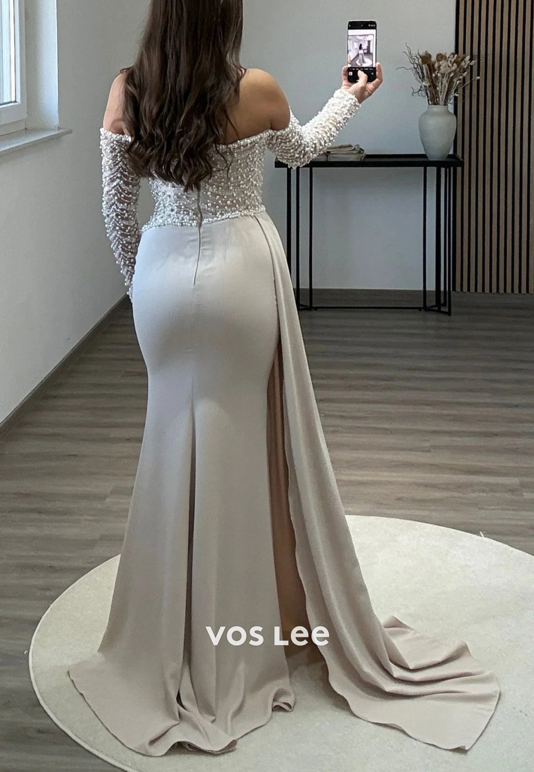 Glamorous Long Sleeve Halter Pearls Ruched Mermaid Evening Dresses with Sweep Train