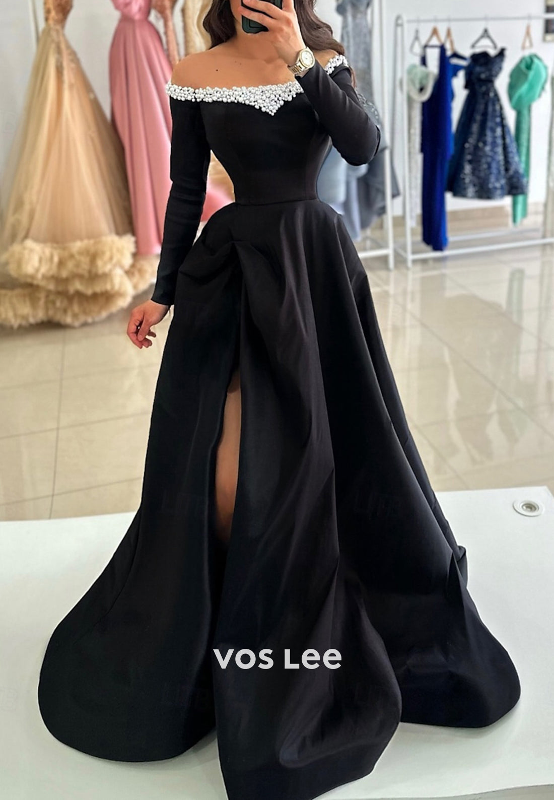 A-Line Long Sleeve Off the Shoulder Pearl Embellished Evening Dresses with Court Train