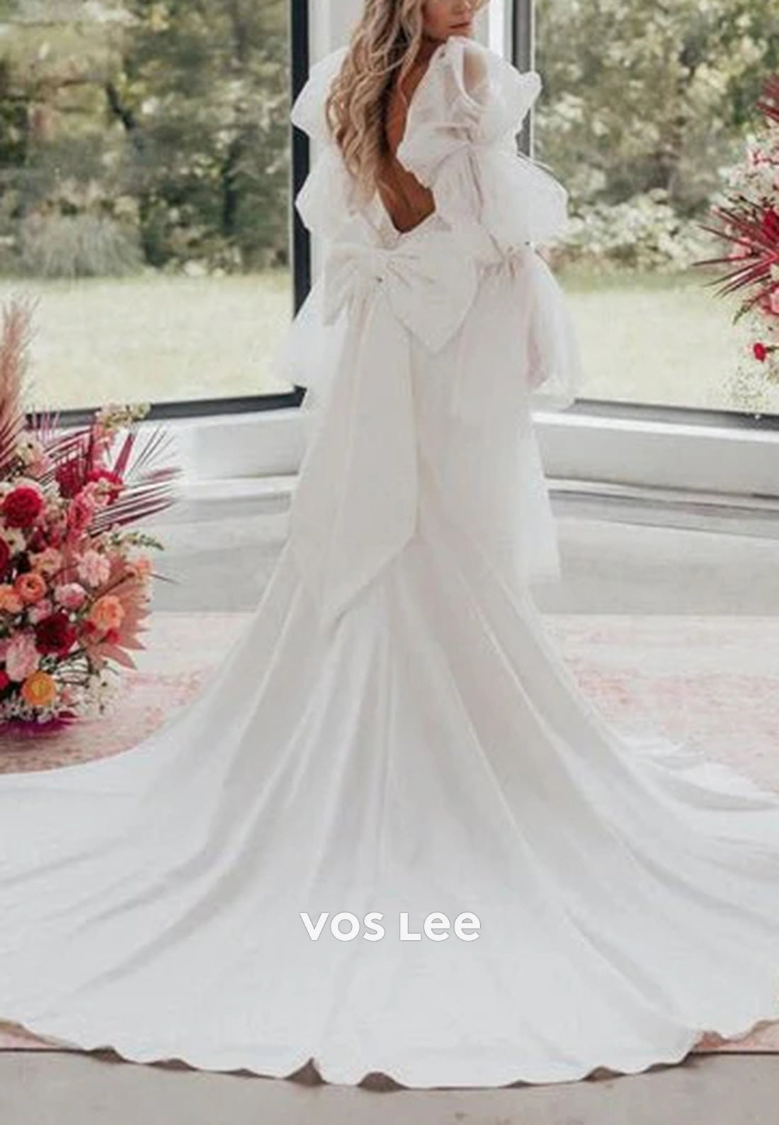 Plunging V Neck Bell Sleeves Bowknot Pleated Mermaid Wedding Dresses with Court Train