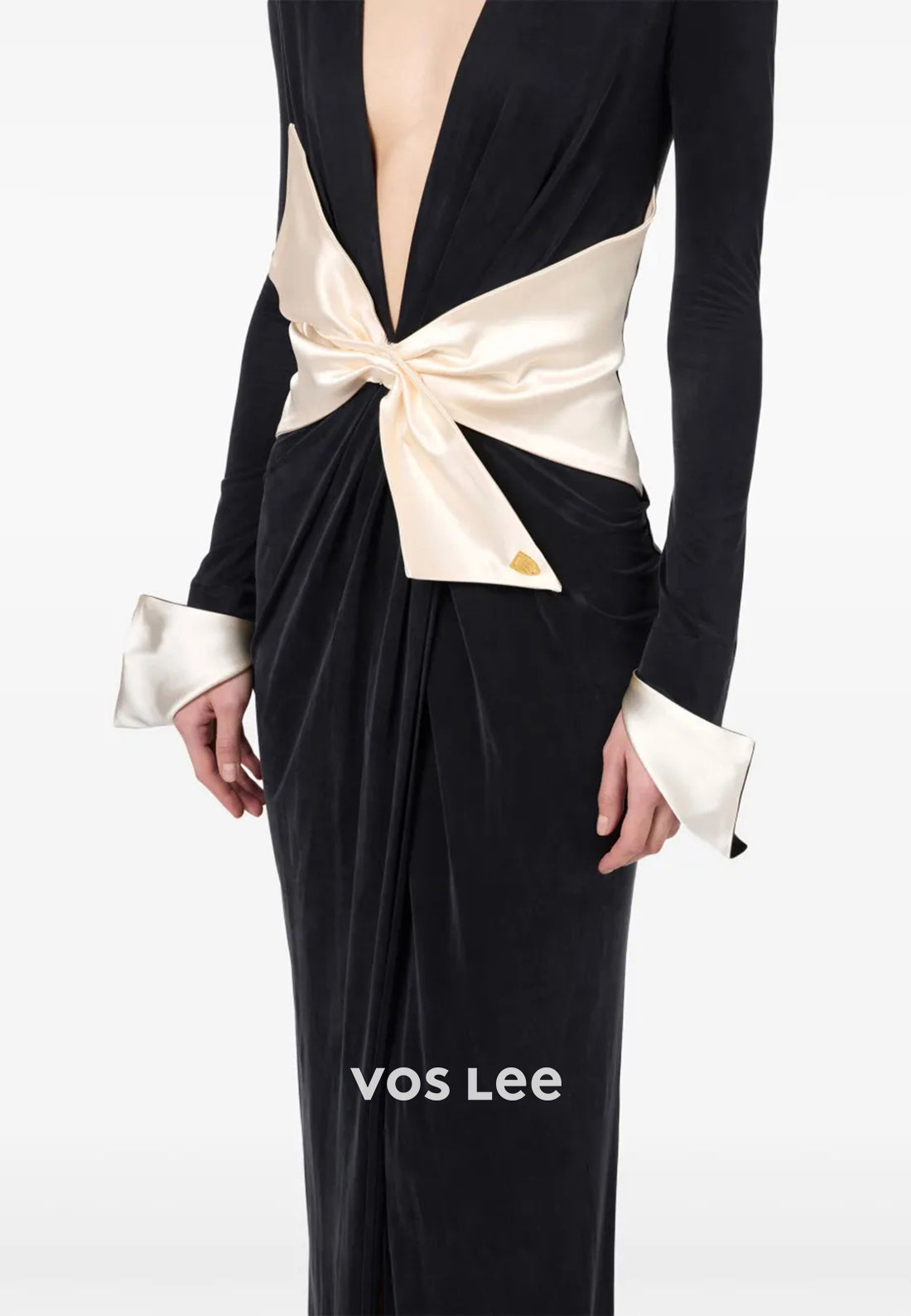 Long Sleeve Deep V Neck Bowknot Ankle-Length Sheath Evening Dresses