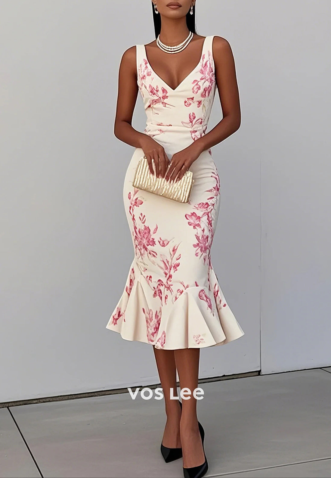 Sexy & Sleek Regular Straps V Neck Pleated Tea-Length Mermaid Wedding Guest Dresses