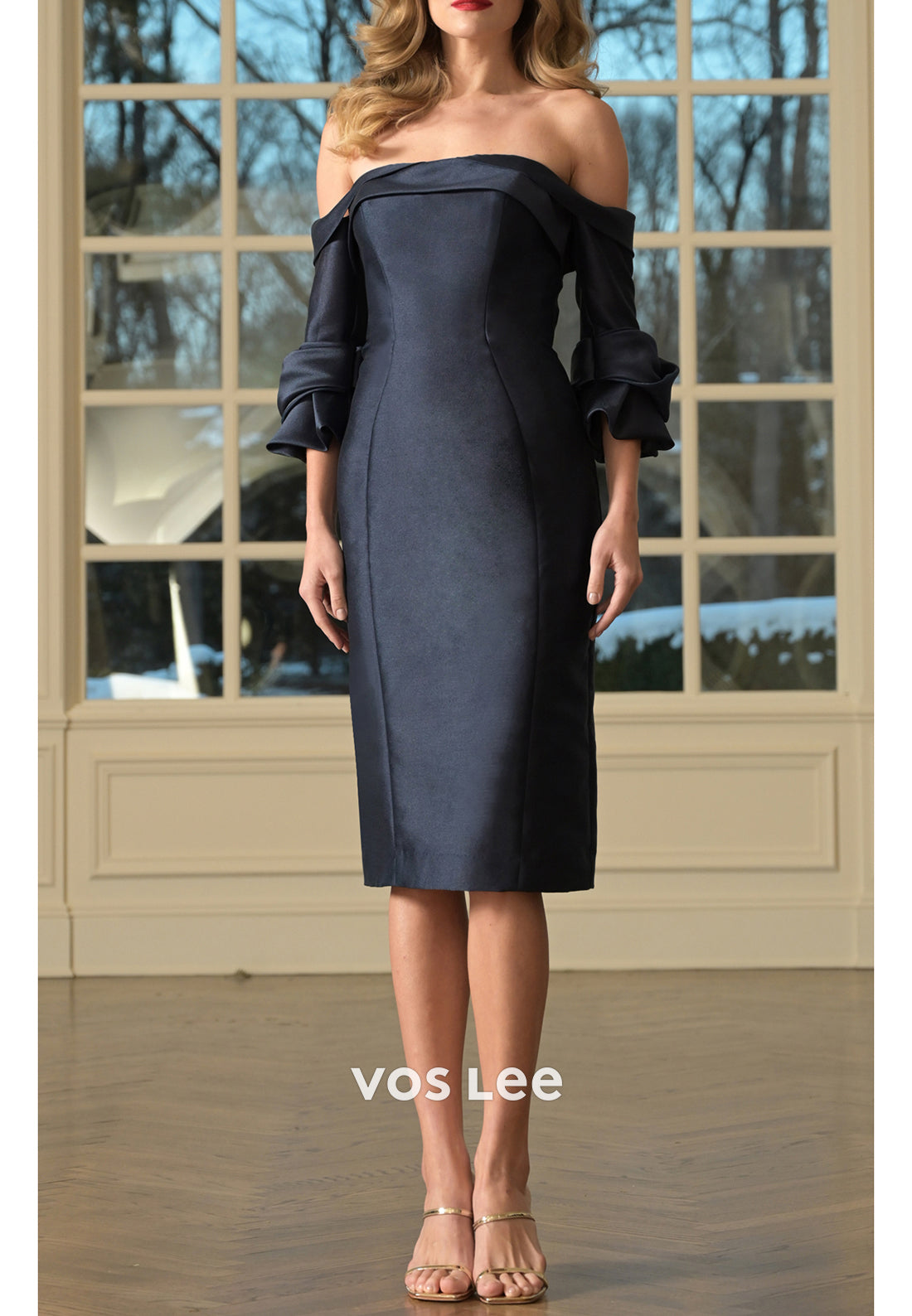 Short Sleeve Off the Shoulder Tea-Length Sheath Mother of Bride Dresses