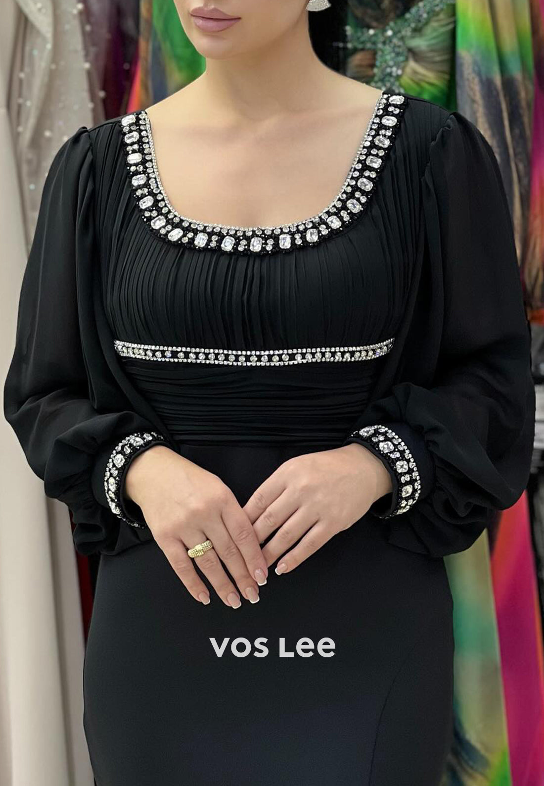Long Sleeve Square Ankle-Length Pleated Mermaid Evening Dresses with Side Split