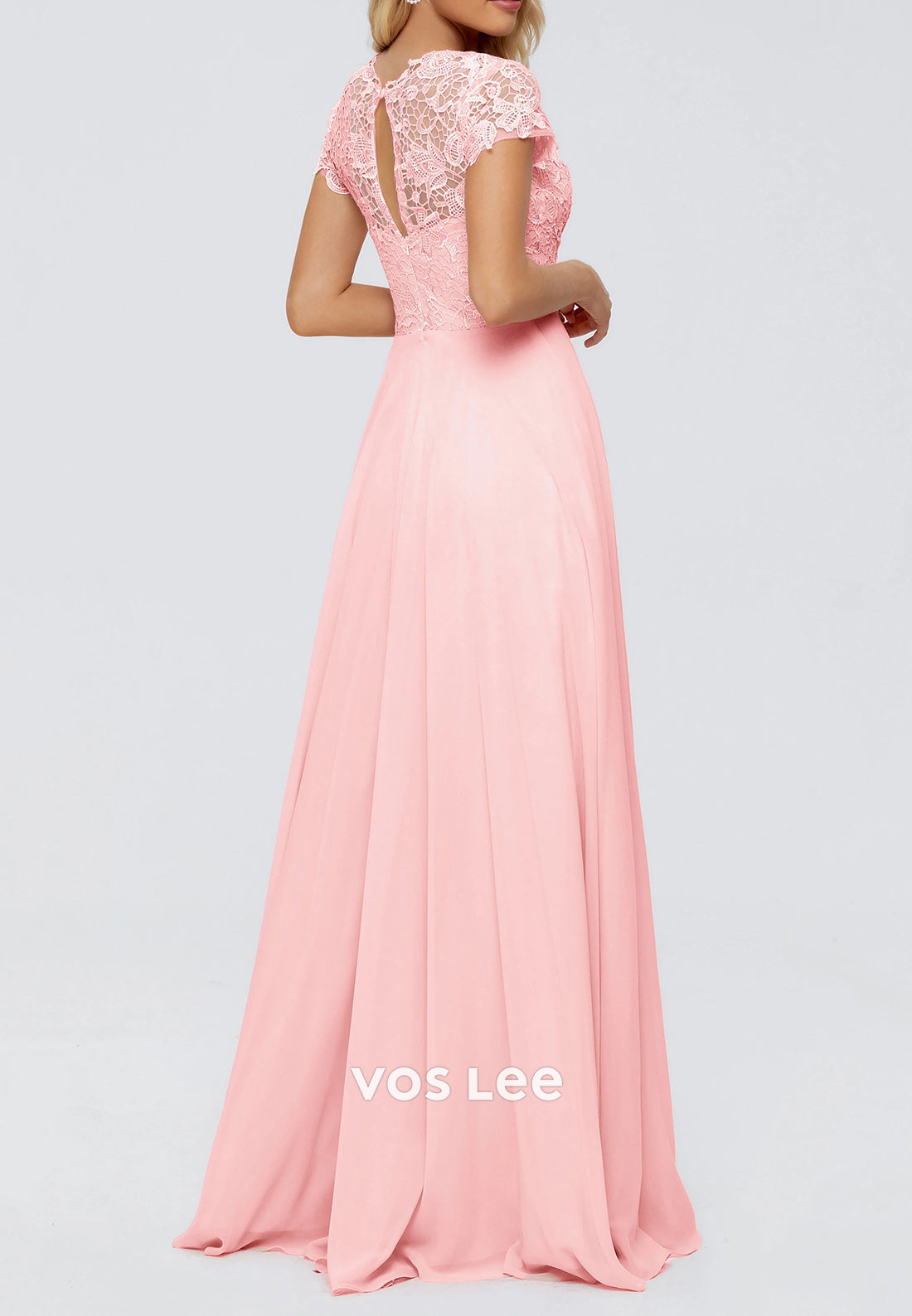 A-Line Short Sleeve Illusion Neck Appliqued Floor-Length Pleated Mother of Bride Dresses