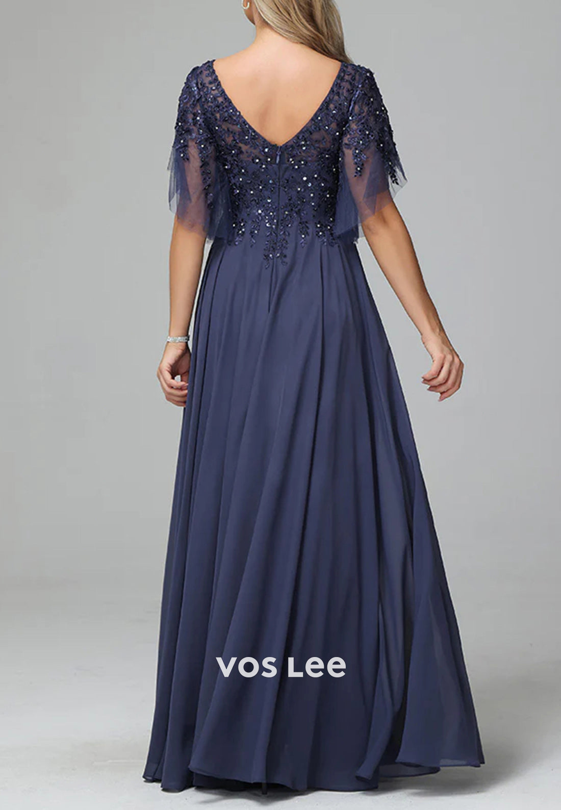 A-Line V Neck Beading Appliques Lace Floor-Length Pleated Mother of Bride Dresses