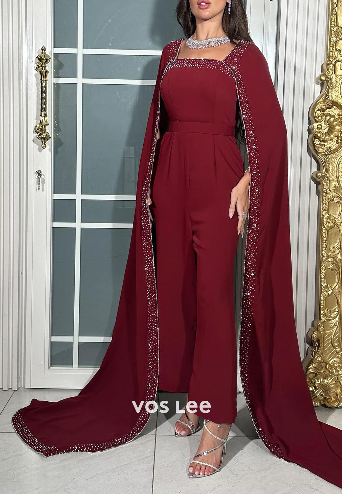 Burgundy Square Rhinestone Beading Pleated Jumpsuit