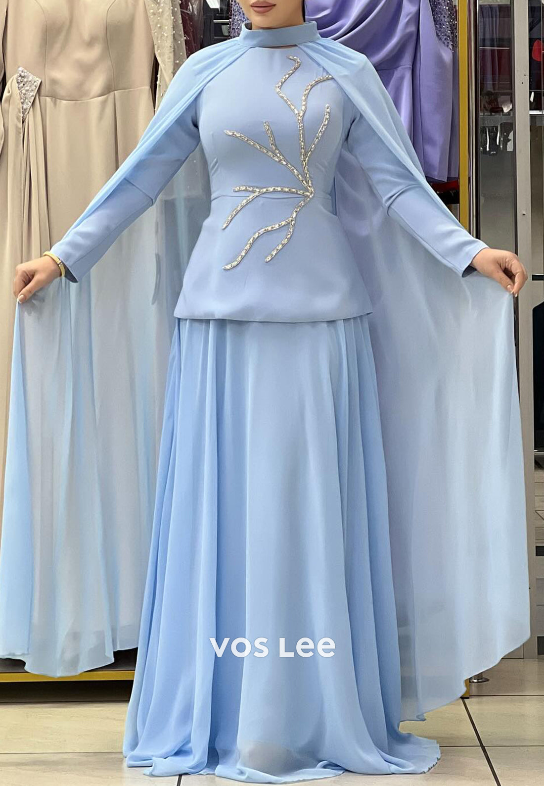 Long Sleeve High Neck Rhinestone Embellished Floor-Length Pleated Evening Dresses