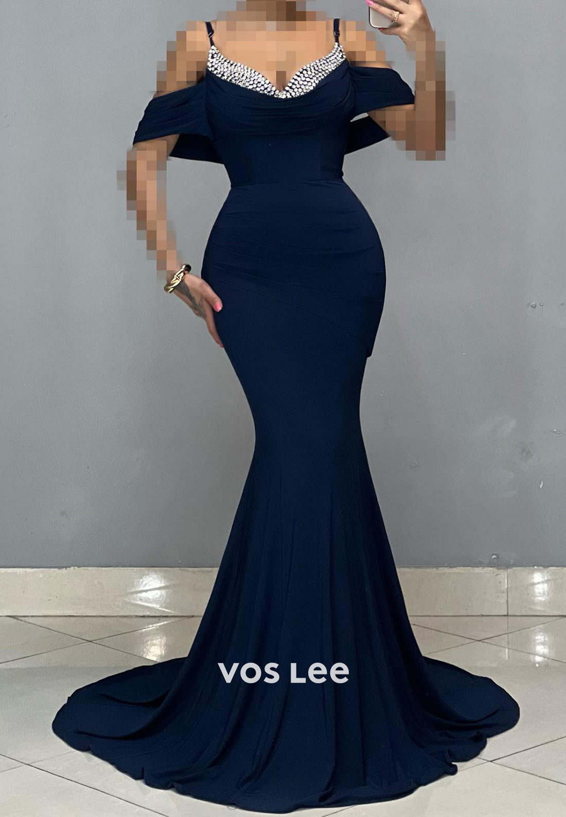 Off the Shoulder Spaghetti Straps Rhinestone Mermaid Evening Dresses with Sweep Train