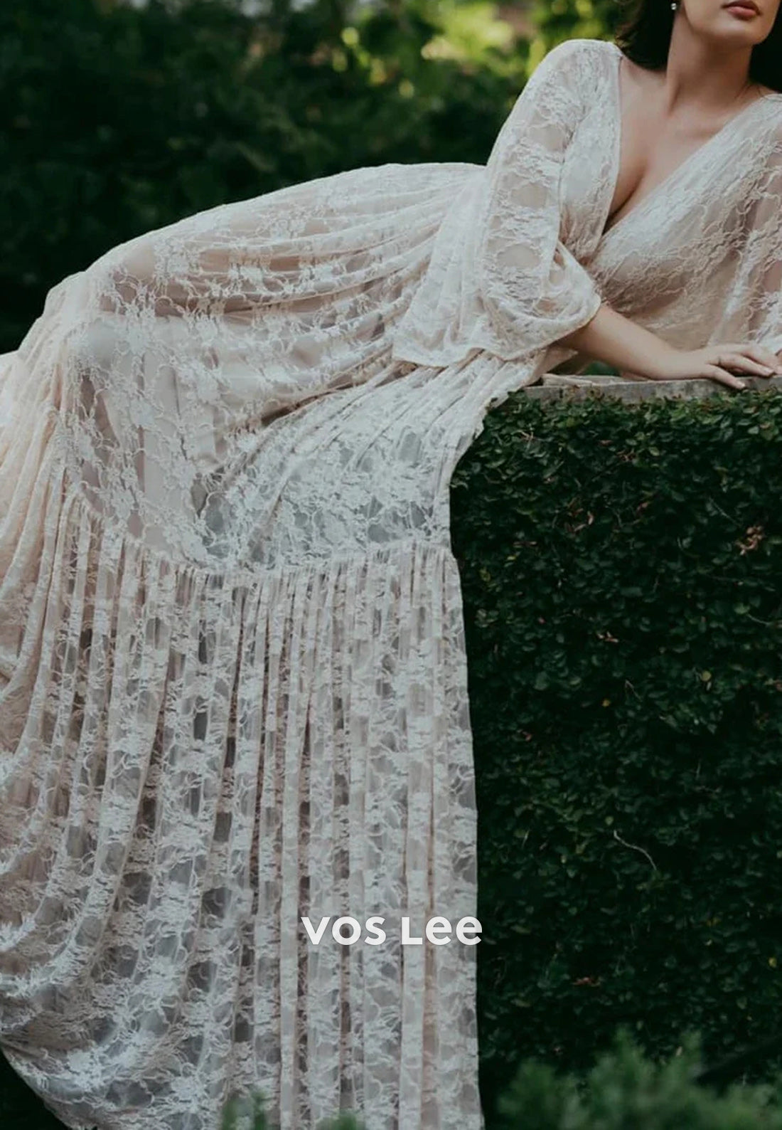 A-Line Plunging V Neck Appliques Lace Long Sleeve Wedding Dresses with Sweep Train