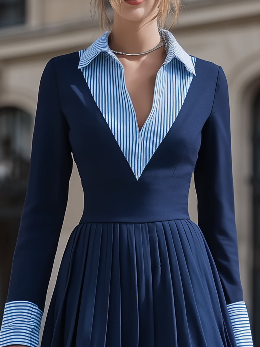 Navy Pleated Mini Dress With Striped Shirt Collar Detail