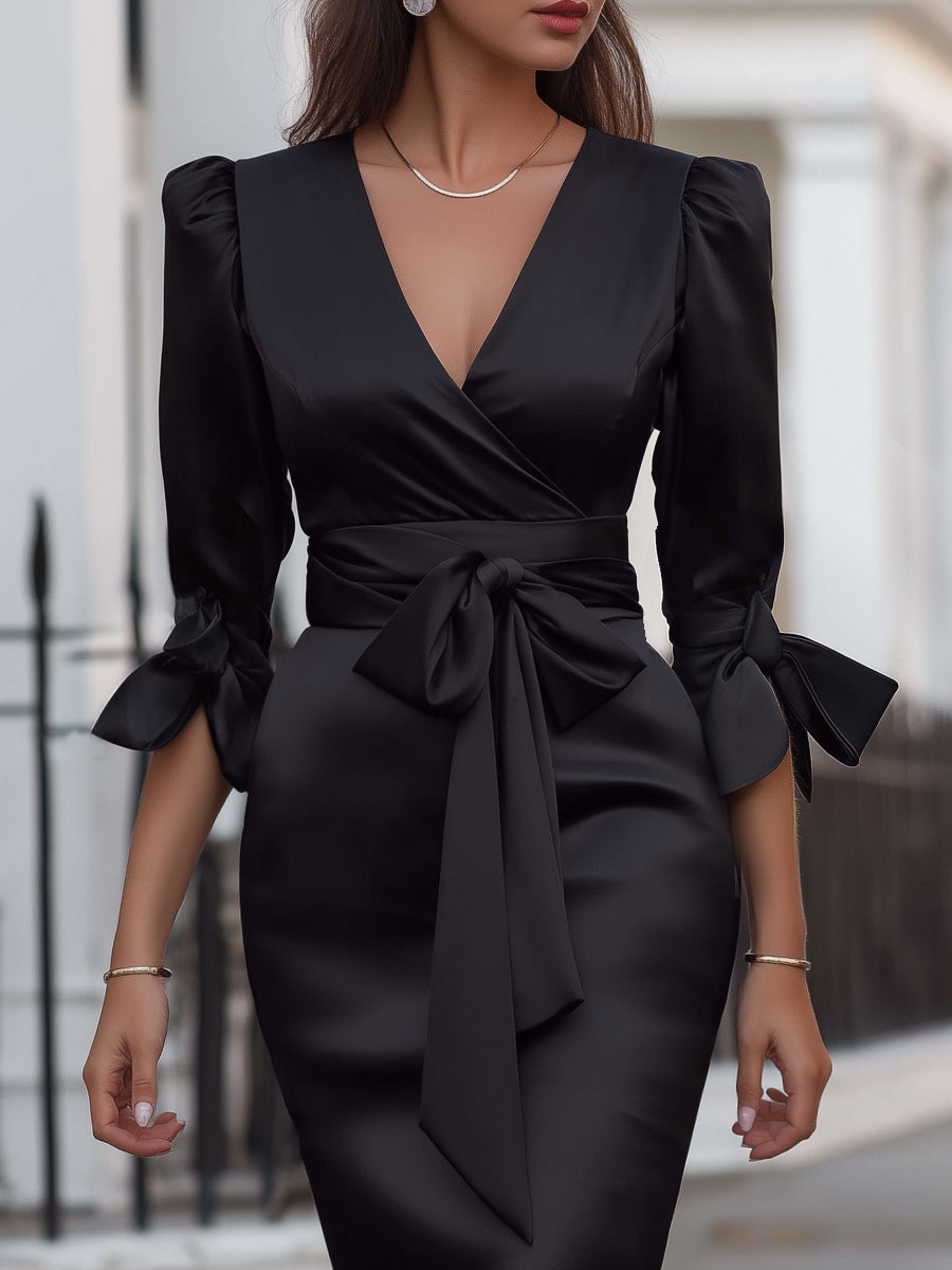 Satin Tie-Waist Midi Dress With Bow Cuff Sleeves