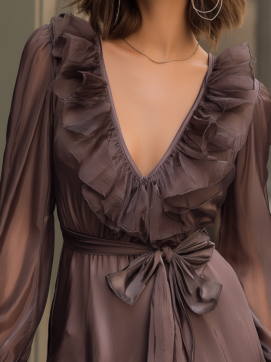 VOS LEE Ruffle Trim Organza Mini Dress In Smoky Taupe