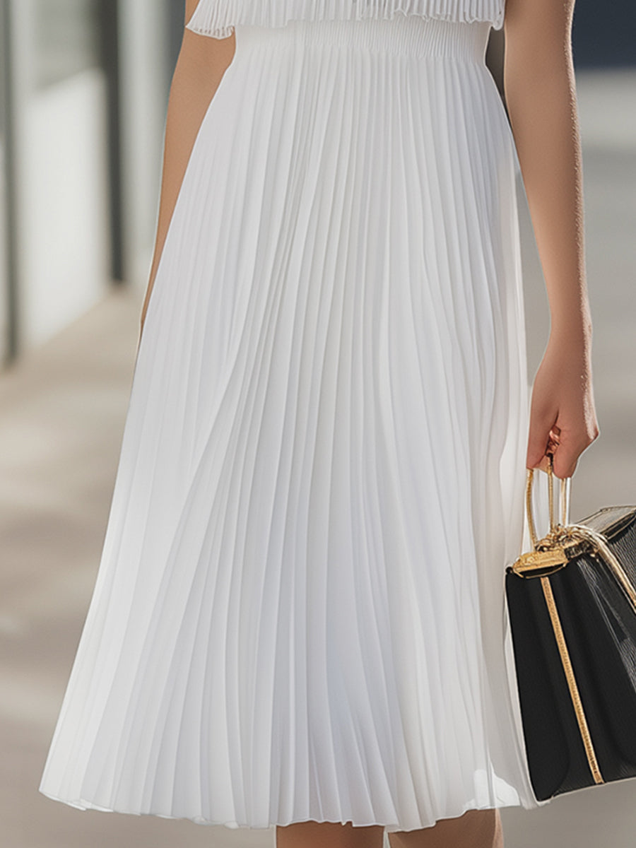 Elegant Sleeveless Pleated Chiffon Midi Dress MYA2470E5V_White||XS||YU