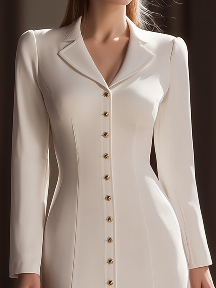 Elegant Button-Up Tailored Lapel Midi Dress