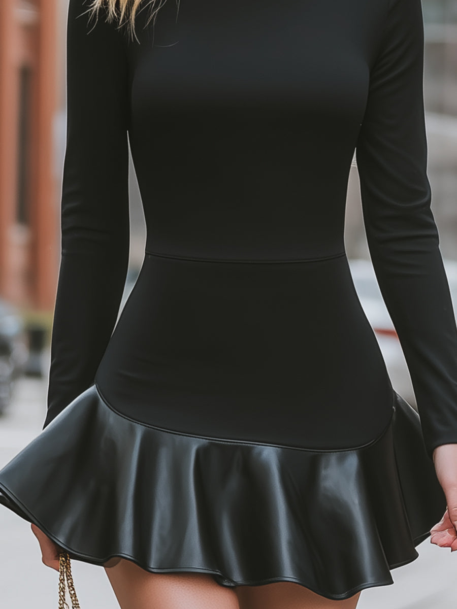 Sleek Black Bodycon Dress With Faux Leather Ruffle Hem