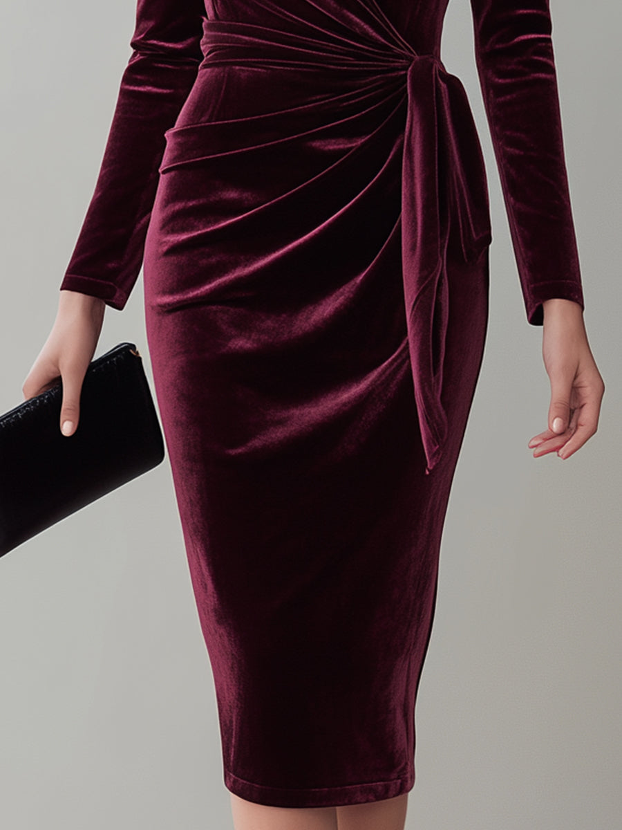 VOS LEE Burgundy Velvet Draped Midi Dress