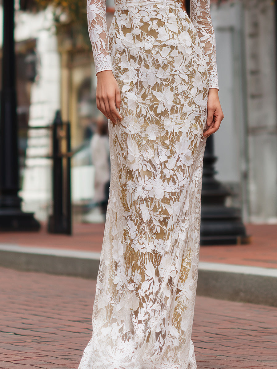 White Floral High-Neck Sheer Lace Gown