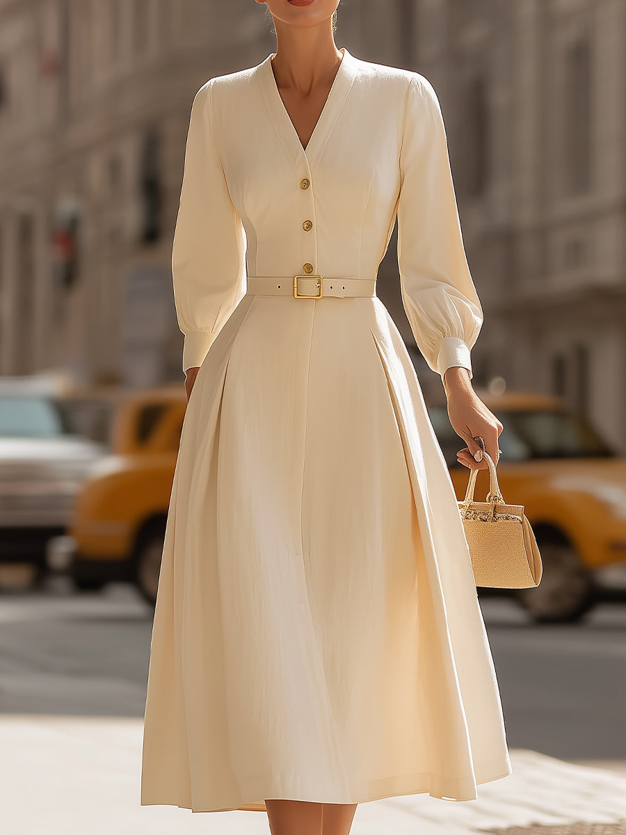 Vintage-Inspired Belted A-Line Midi Dress
