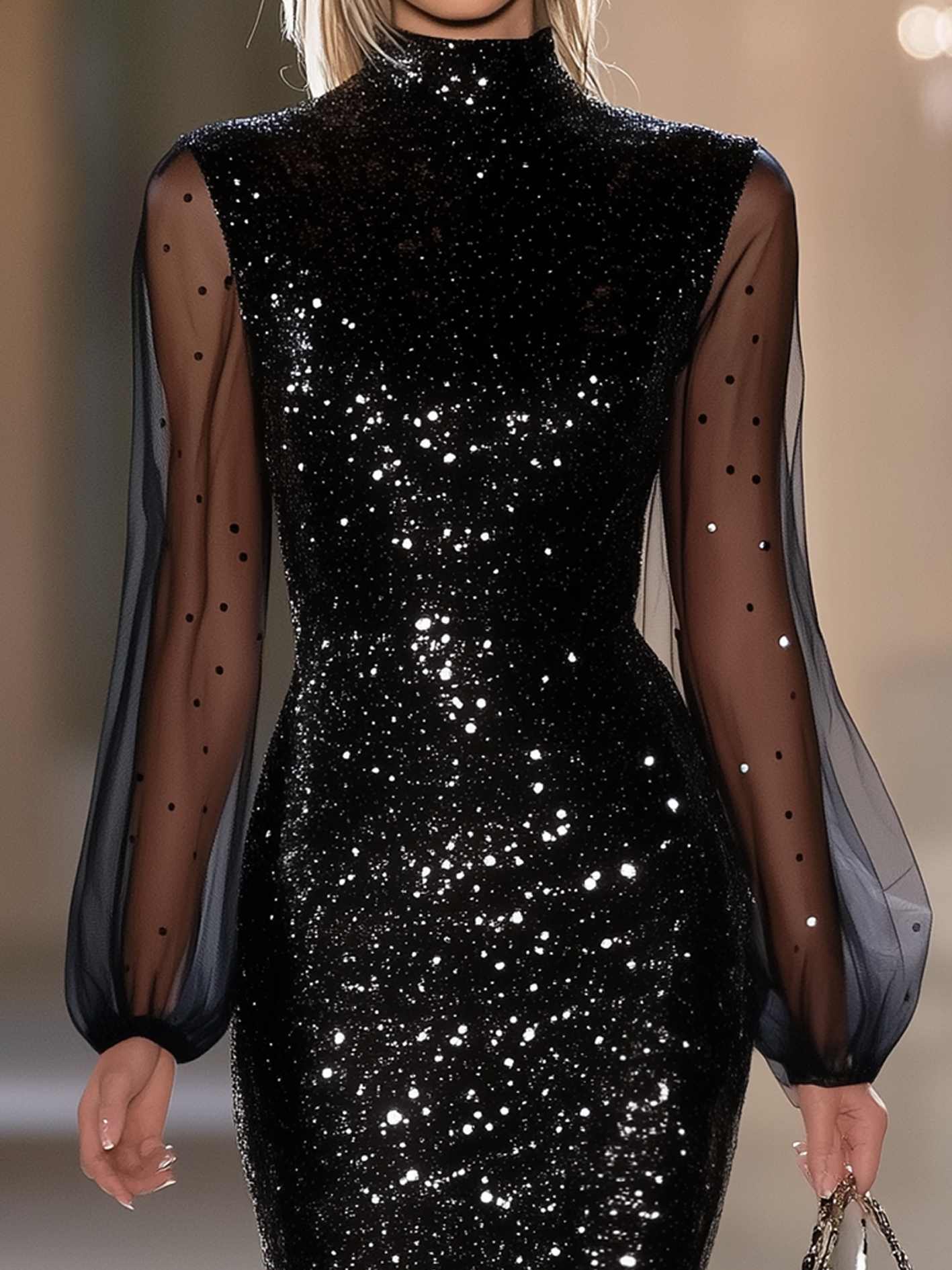 Elegant Black Tulle Puffy Sleeves Sequin Dress
