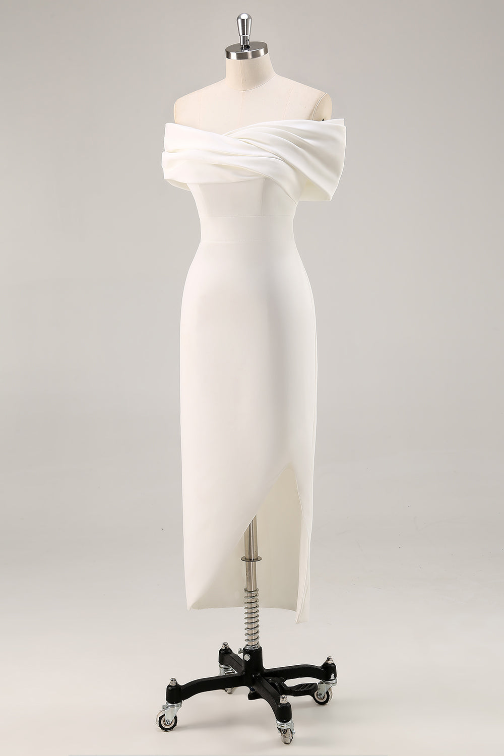White Satin Sheath Off the Shoulder Matte Asymmetrical Graduation Dress Wedding Dresses